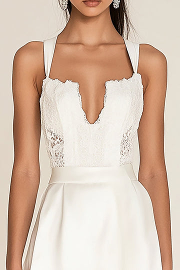 White A Line Spaghetti Straps Satin Graduation Dress with Lace